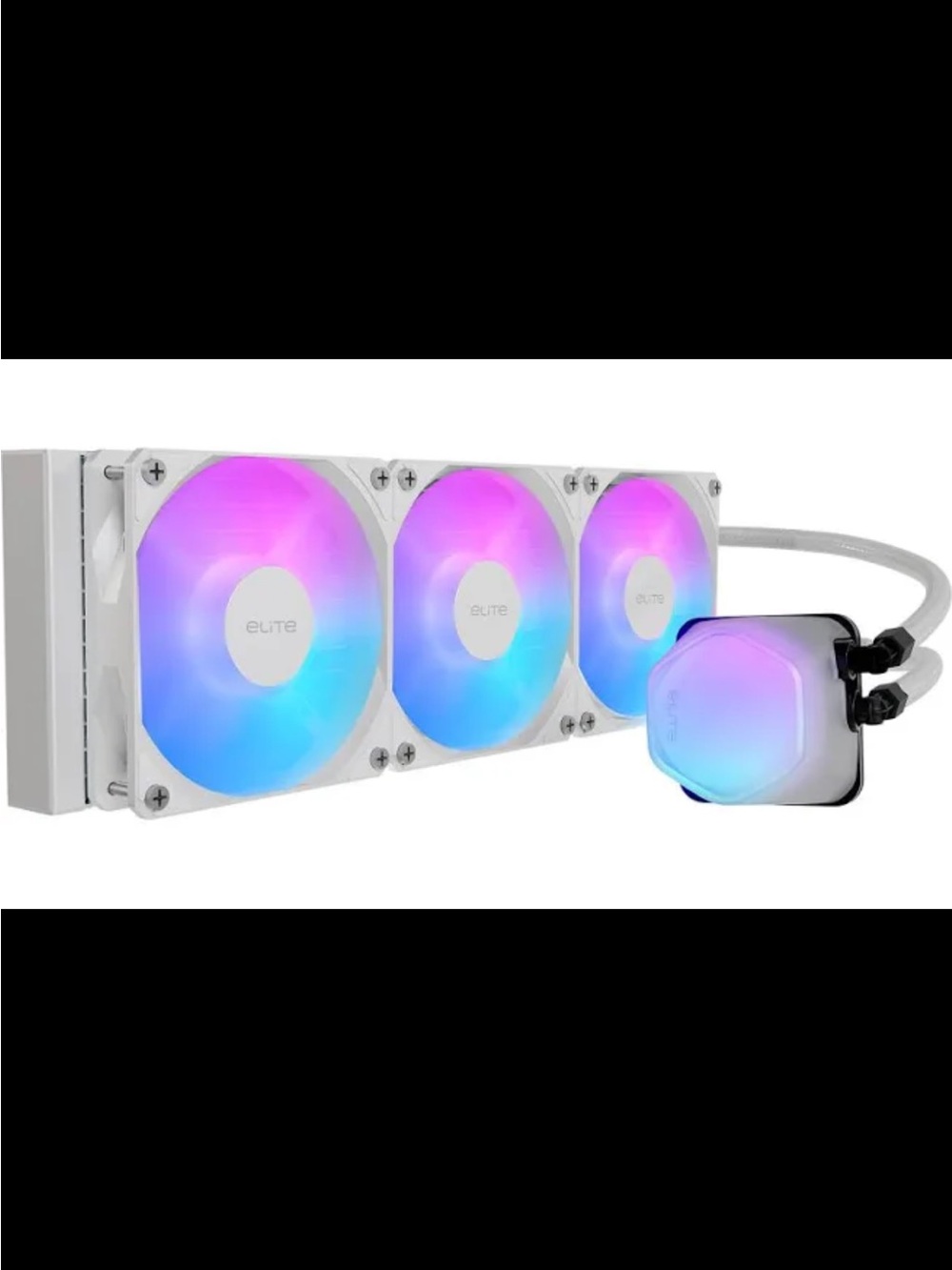 White RGB Liquid CPU Cooler with Pink and Blue Lighting